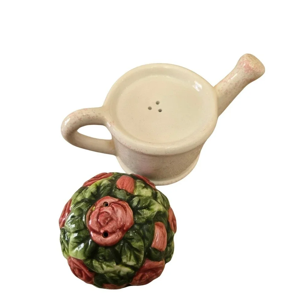 Vintage Nesting Ceramic Watering Can & Flowers Bush Salt And Pepper Shaker Set